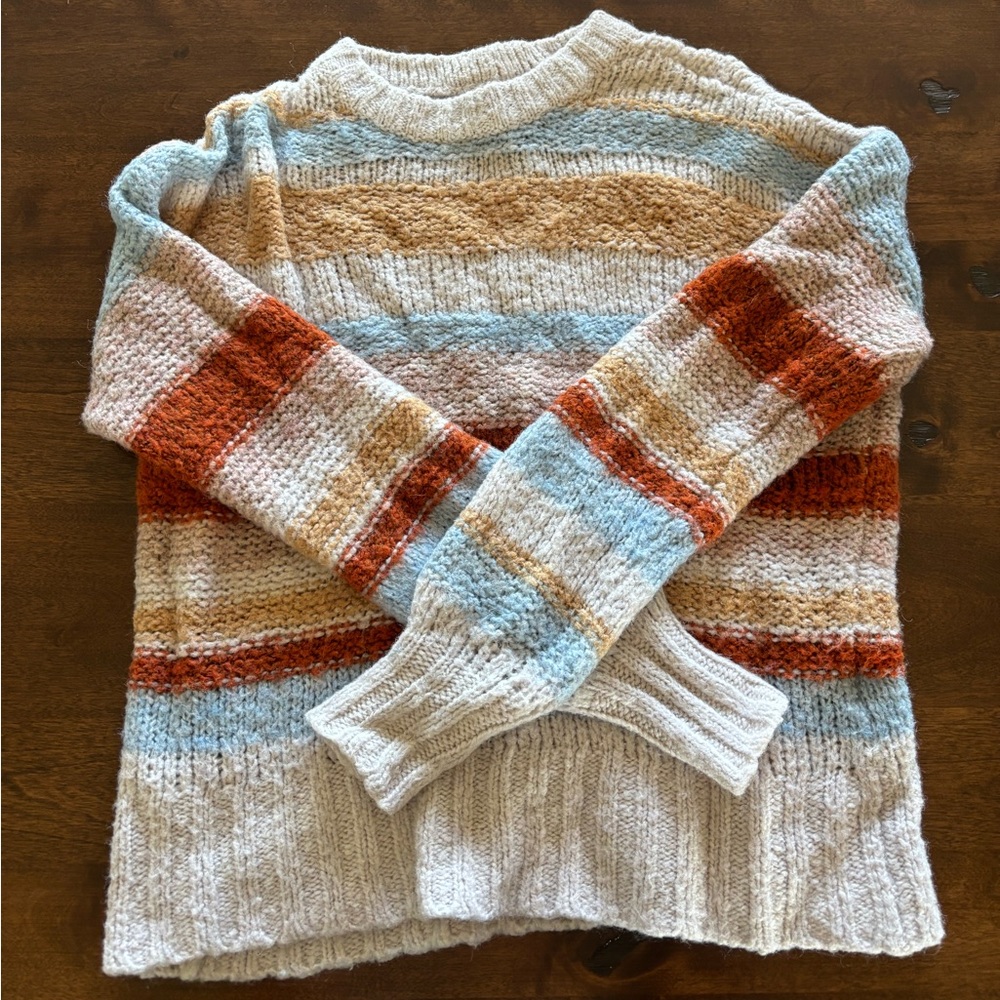 American Eagle Outfitters Striped Knit Crewneck in Cream, Rust & Light Blue